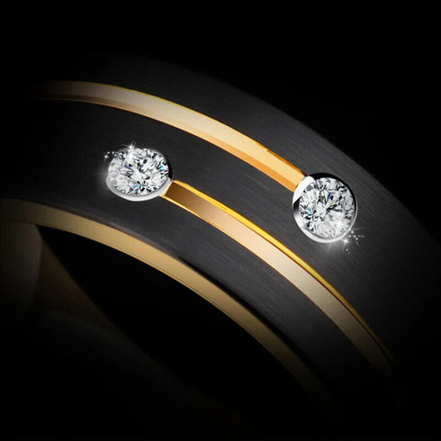 Men's 8mm Tungsten Black Gold Groove Line CZ Comfort-Fit Wedding Band